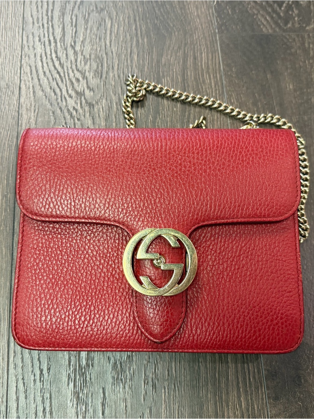 Gucci Red Pebbled Leather Crossbody with Gold Double G